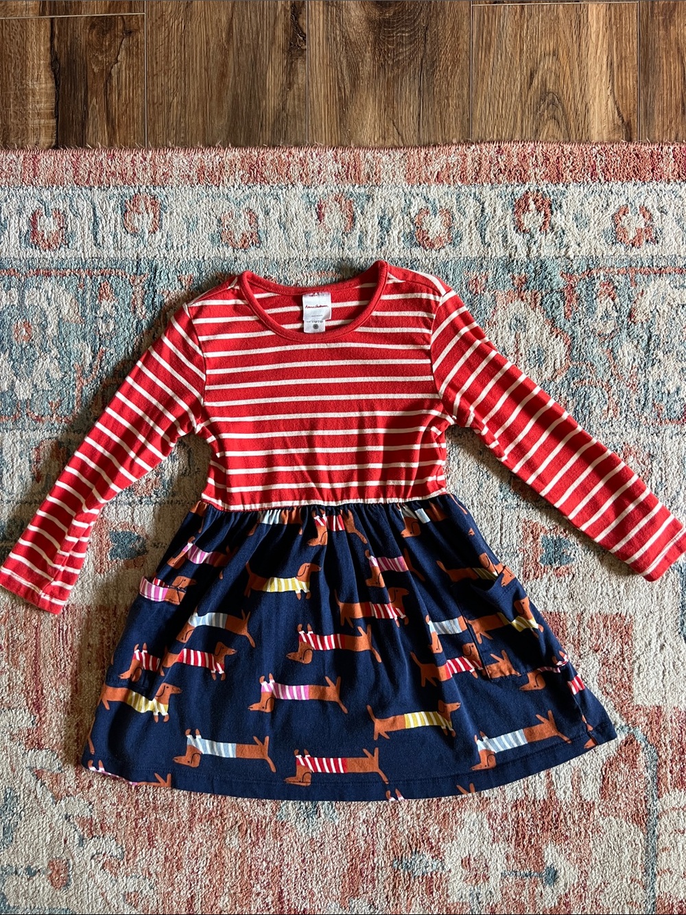 Hanna Andersson Red and White Striped Top Navy Dachshund Print Dress